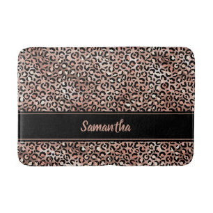 Chic Black Rose Gold Leopard Print Personalized Bath Mat