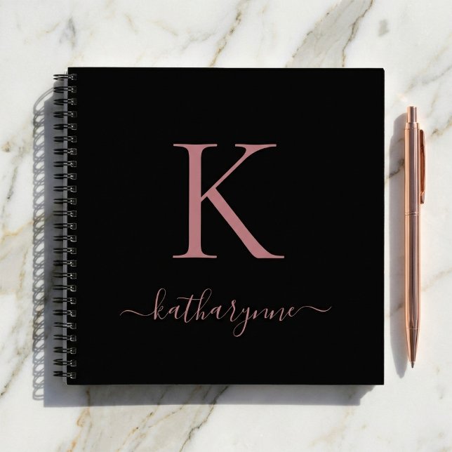 Chic Black Rose Gold Pink Monogram Name Notebook (Creator Uploaded)