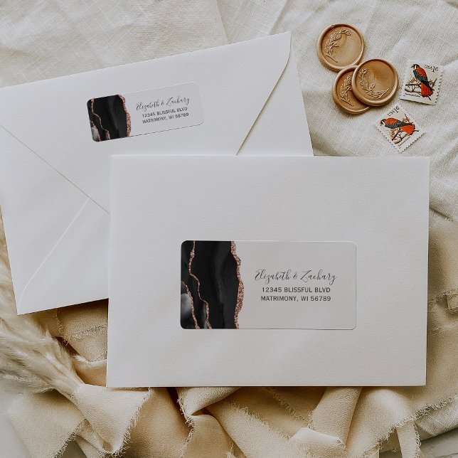Chic Black Rose Gold Wedding Return Address (Creator Uploaded)