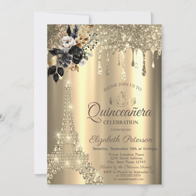 Chic Black Roses Eiffel Tower Gold Drips Invitation (Front)