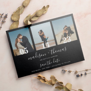 Chic Black Script 3 Photo Wedding Save The Date Magnetic Invitation
