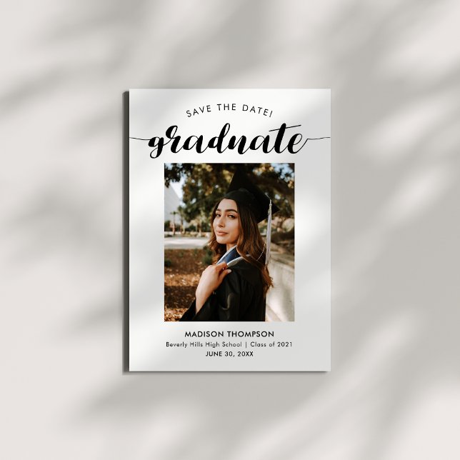 Chic Black Script Calligraphy Graduation Photo Save The Date (Creator Uploaded)