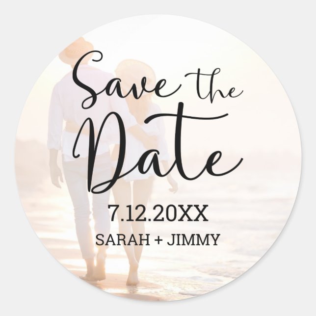 Chic Black Script Photo Wedding Save the Date Classic Round Sticker (Front)