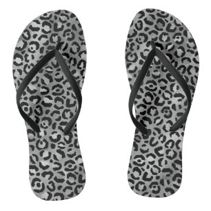 Chic Black Silver Foil Grey Leopard Print Flip Flops