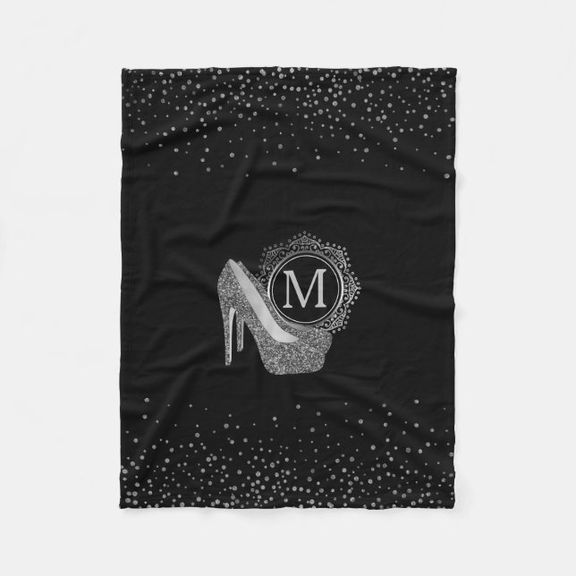 Chic Black Silver Glitter High Heel Shoes Monogram Fleece Blanket (Front)