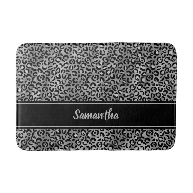 Chic Black Silver Grey Leopard Print Personalized Bath Mat (Front)