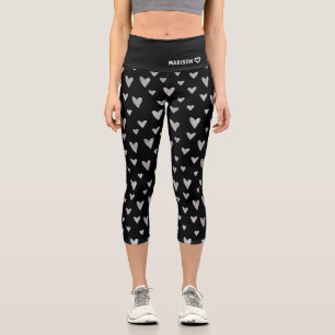 Chic Black Silver Heart Pattern Personalized Name Capri Leggings