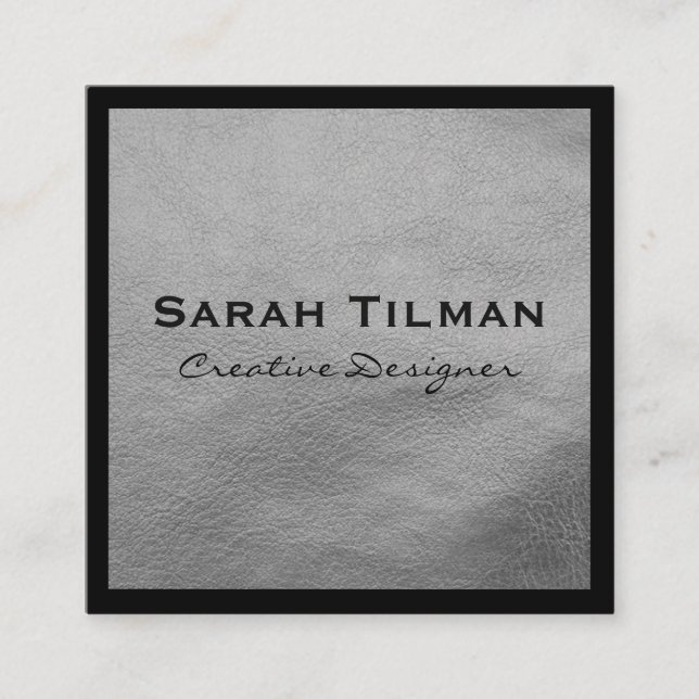 Chic Black Silver Leather Square Business Card (Front)