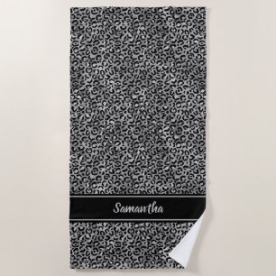 Chic Black Silver Leopard Print Personalized Beach Towel