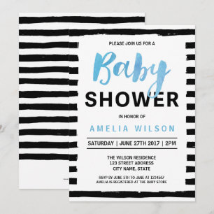 Chic Black Stripes Baby shower Bleu Invitation