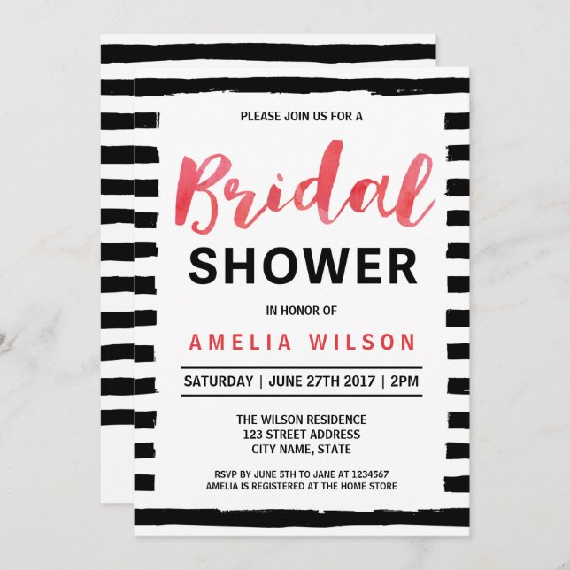 Chic Black Stripes Red Bridal Shower Invitation (Devant / Derrière)