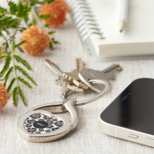 Chic Black Taupe Leopard Print Customizable Keychain