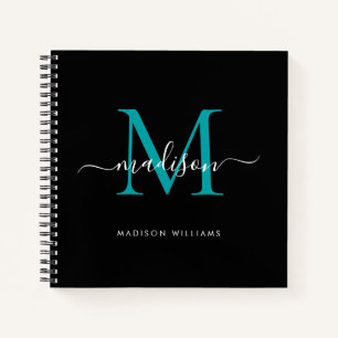 Chic Black Teal Green Monogram Initial Script Name Notebook