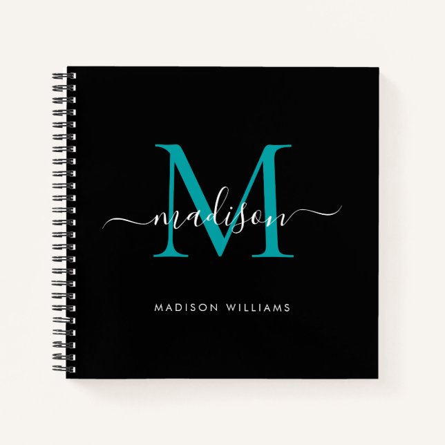 Chic Black Teal Green Monogram Initial Script Name Notebook (Front)