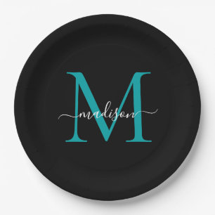 Chic Black Teal Green Monogram Modern Script Name Paper Plate