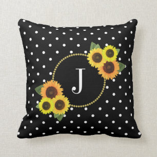 Chic Black Vintage Flowers Polka Dots Monogram Throw Pillow