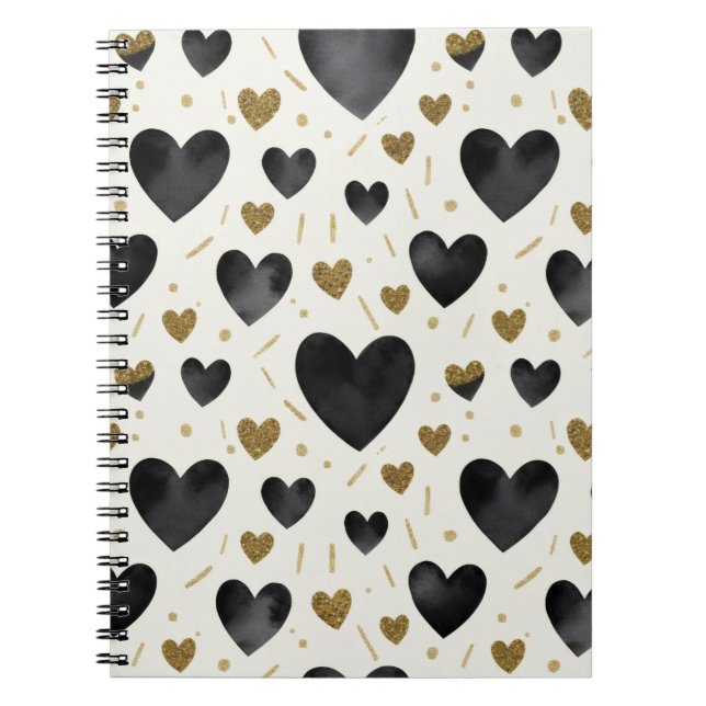 Chic Black Watercolor Hearts Notebook (Front)
