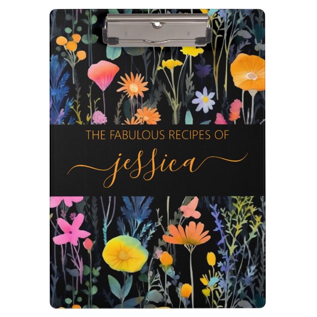 Chic black watercolor wildflowers name Recipe Clipboard (Front)