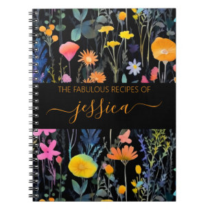 Chic black watercolor wildflowers name Recipe Notebook