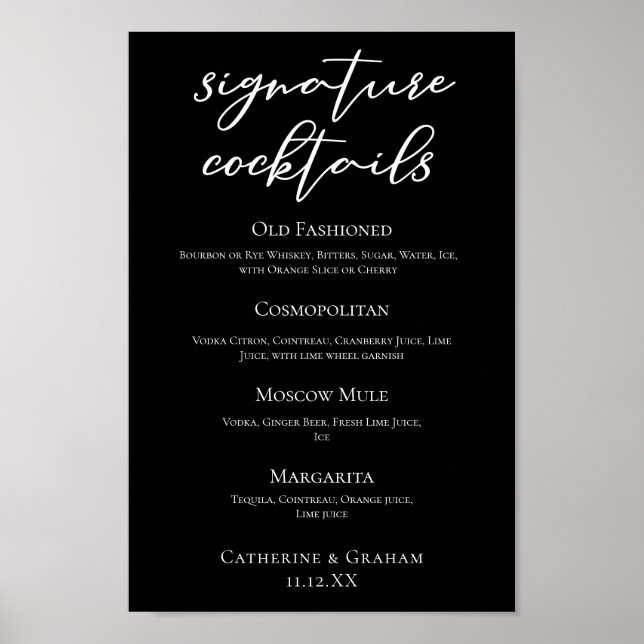 Chic Black Wedding Signature Cocktails Bar Menu Poster (Front)
