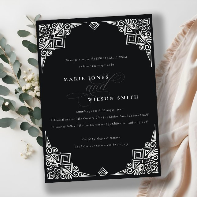 Chic Black White Art Deco Ornate Rehearsal Dinner Invitation (Creator Uploaded)