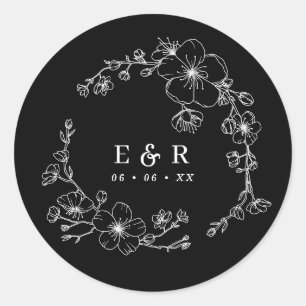 Chic Black & White Blossom Monogram Wedding Classic Round Sticker