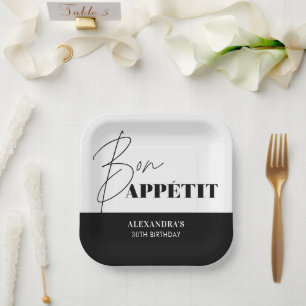 Chic Black White Bon Appétit Script Birthday  Paper Plate