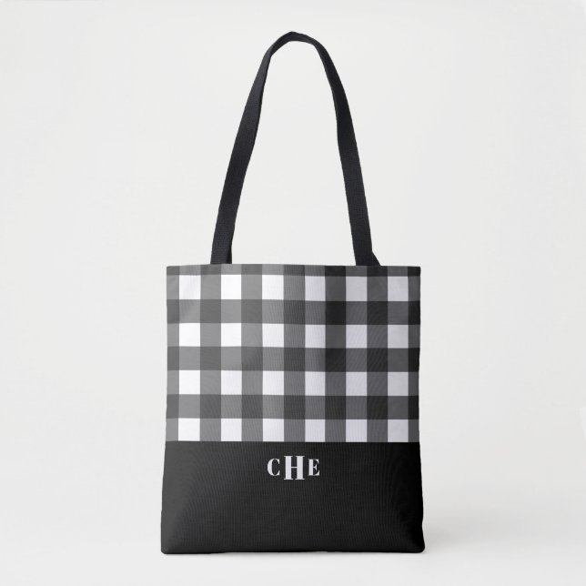 Chic Black White Buffalo Plaid with Monogram Tote Bag (Front)