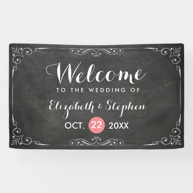 Chic Black White Chalkboard Floral Wedding Banner (Horizontal)