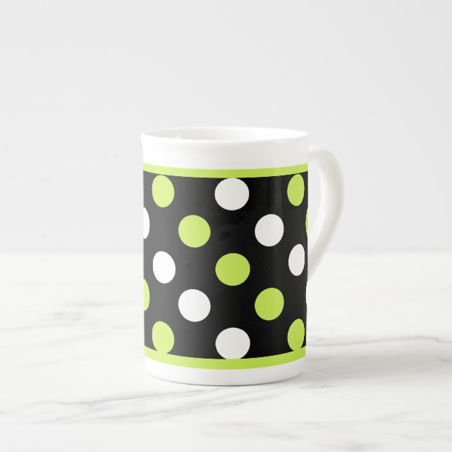 Chic Black, White, & Chartreuse Polka Dot Bone China Mug (Front Right)