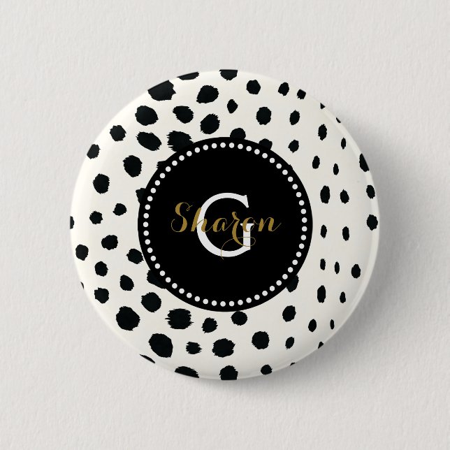Chic black white cheetah print pattern monogram 2 inch round button (Front)