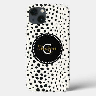 Chic black white cheetah print pattern monogram iPhone 13 case