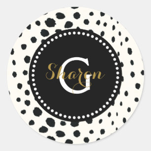 Chic black white cheetah print pattern monogram classic round sticker