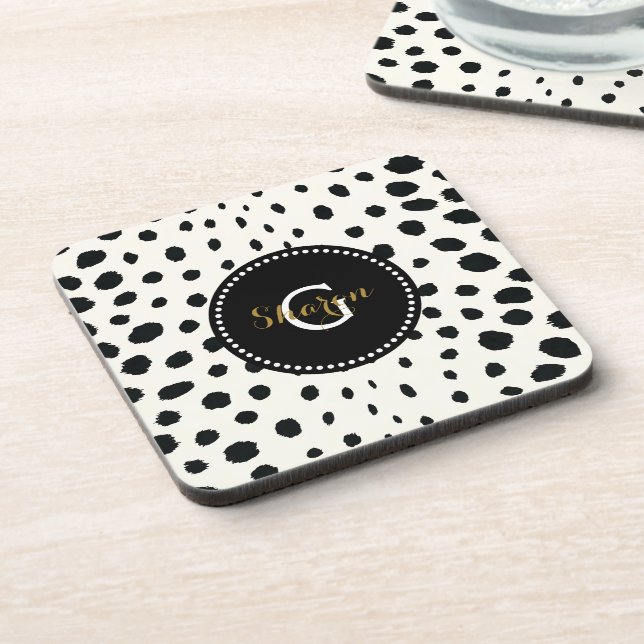 Chic black white cheetah print pattern monogram coaster (Left Side)