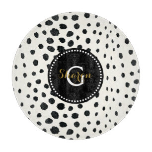 Chic black white cheetah print pattern monogram cutting board