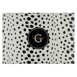 Chic black white cheetah print pattern monogram cutting board