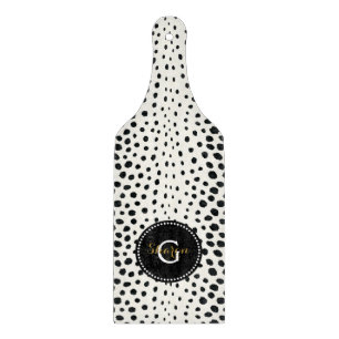 Chic black white cheetah print pattern monogram cutting board