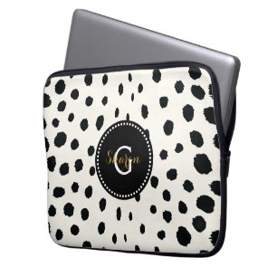 Chic black white cheetah print pattern monogram laptop sleeve