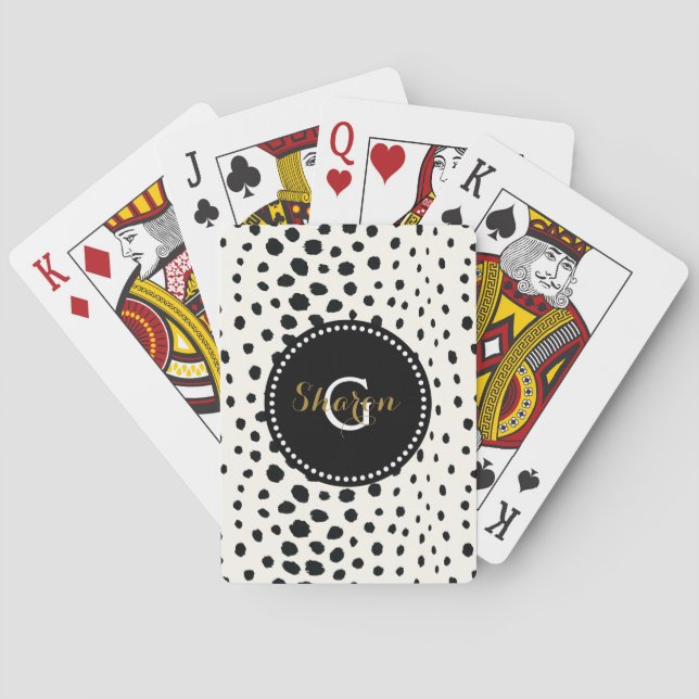 Chic black white cheetah print pattern monogram playing cards (Back)