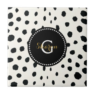 Chic black white cheetah print pattern monogram tile