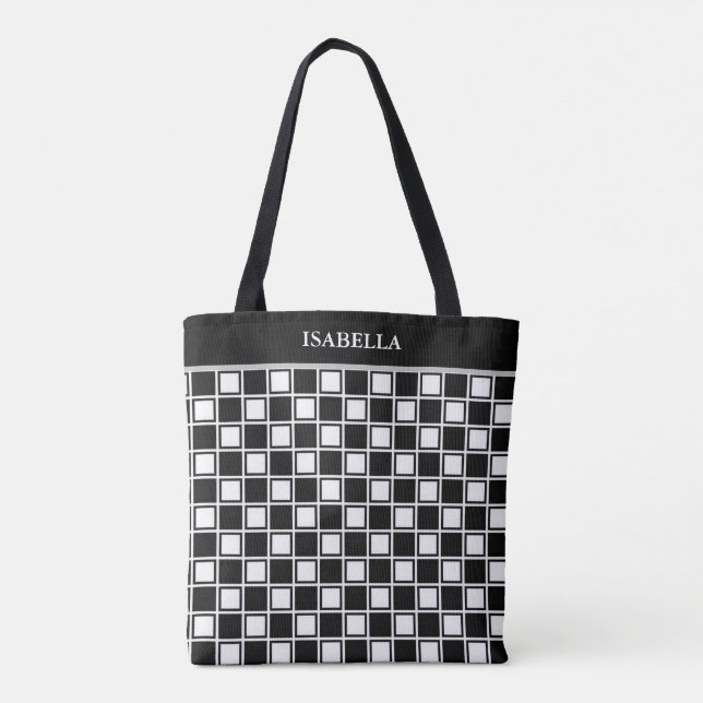 Chic black white chess pattern and calligraphy tote bag (Back)