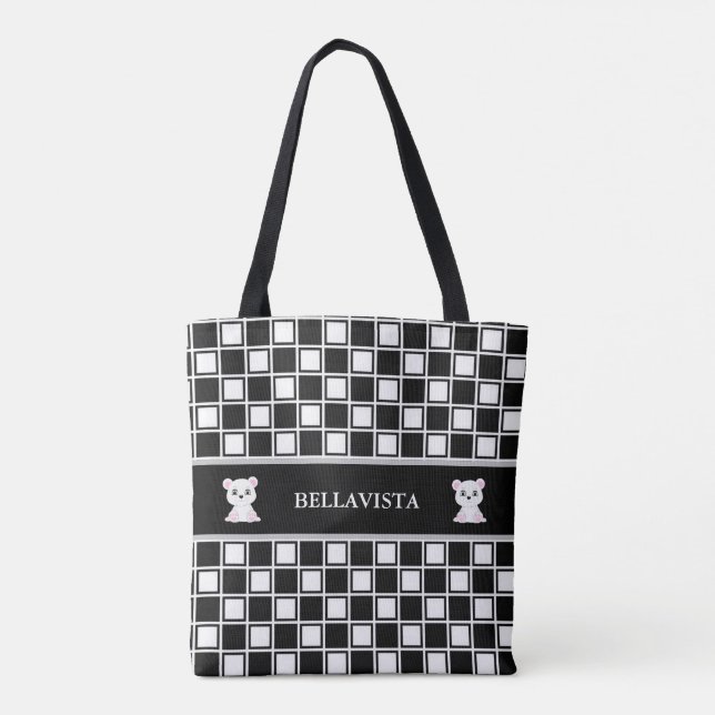 Chic black white chess pattern and polar bears tote bag (Back)