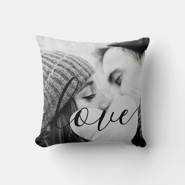 Chic Black White Couple Photo Script Love Throw Pillow (Front)