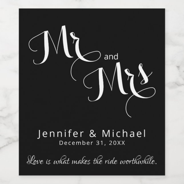 Chic Black & White Custom Wedding Wine Bottle Wine Label (Single Label)