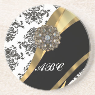 Chic black & white damask & gold coaster