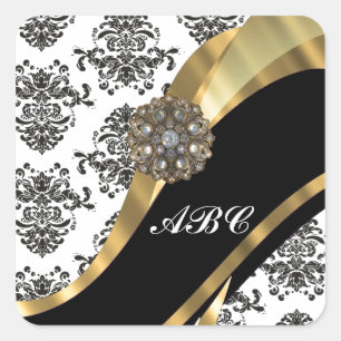 Chic black & white damask & gold square sticker