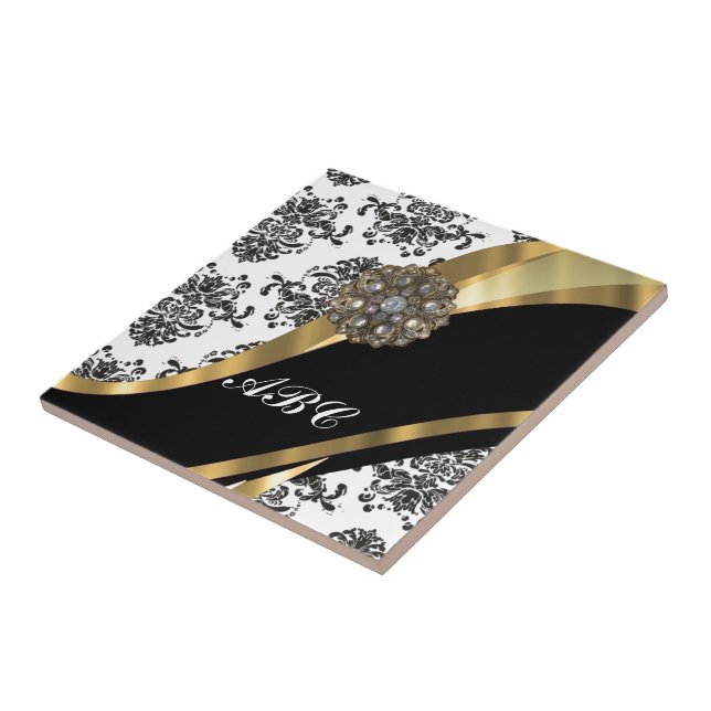 Chic black & white damask & gold tile (Side)