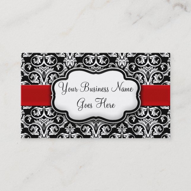 Chic Black/White Damask Red Ribbon Business Card (Front)