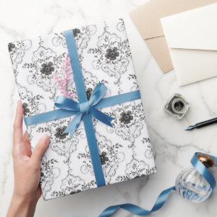 Chic Black & White Faux Lace Flowers Bridal Shower Wrapping Paper