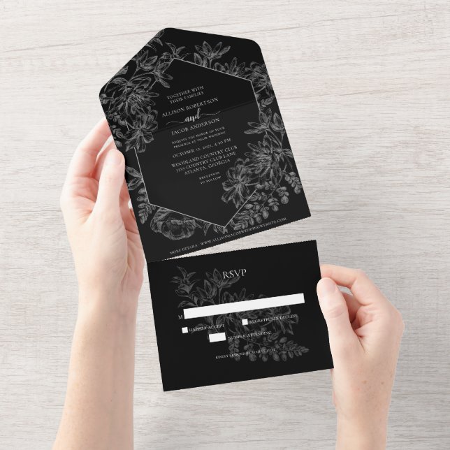 Chic Black White Floral Botanical Wedding All In One Invitation (Tearaway)